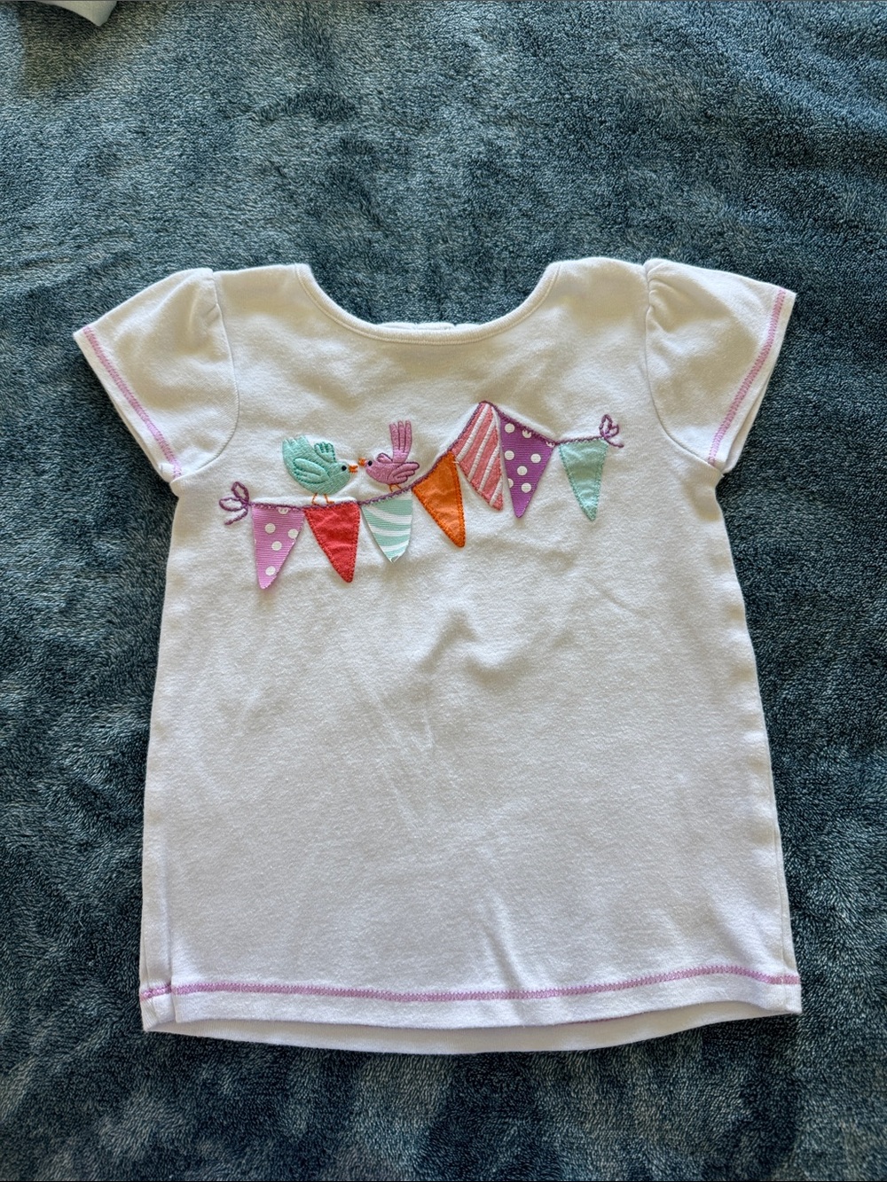 Gymboree White Short Sleeve Tee with Colorful Banner & Bird Appliques